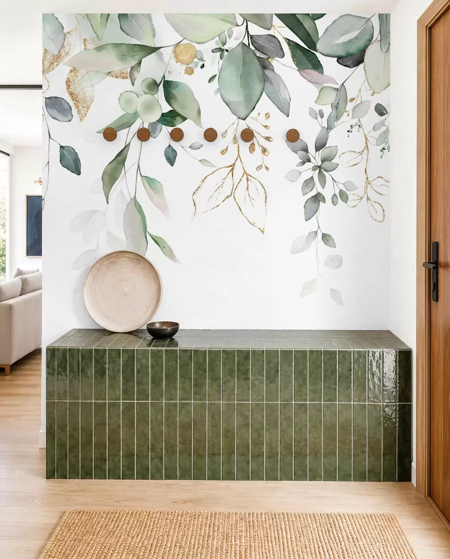 Fotobehang Hangend eucalyptusblad op een witte achtergrond u95506d2