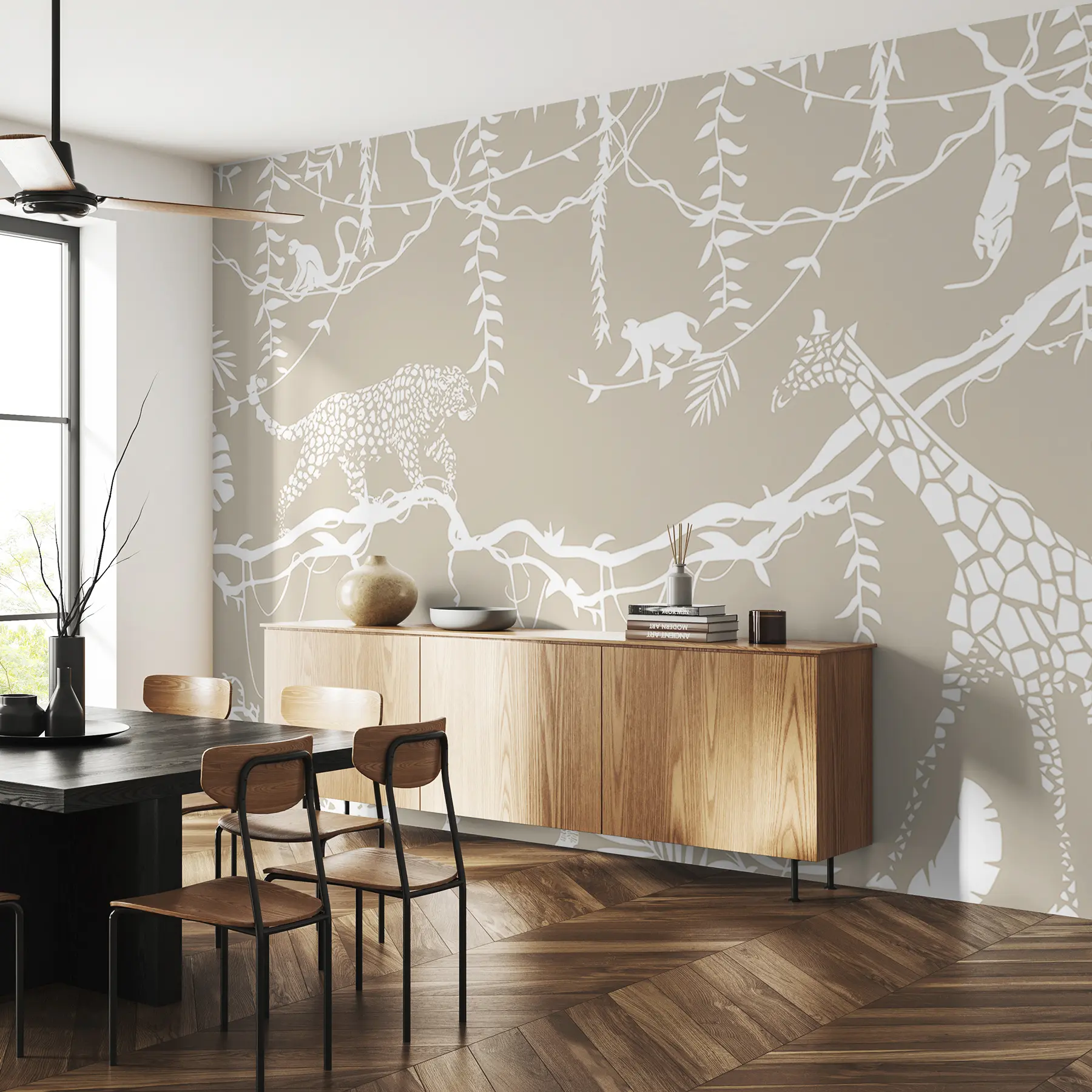 Fotobehang Abstracte jungle kunst, lianen, luipaard, giraffe, apen, palmbomen, monstera, beige en wit w00087