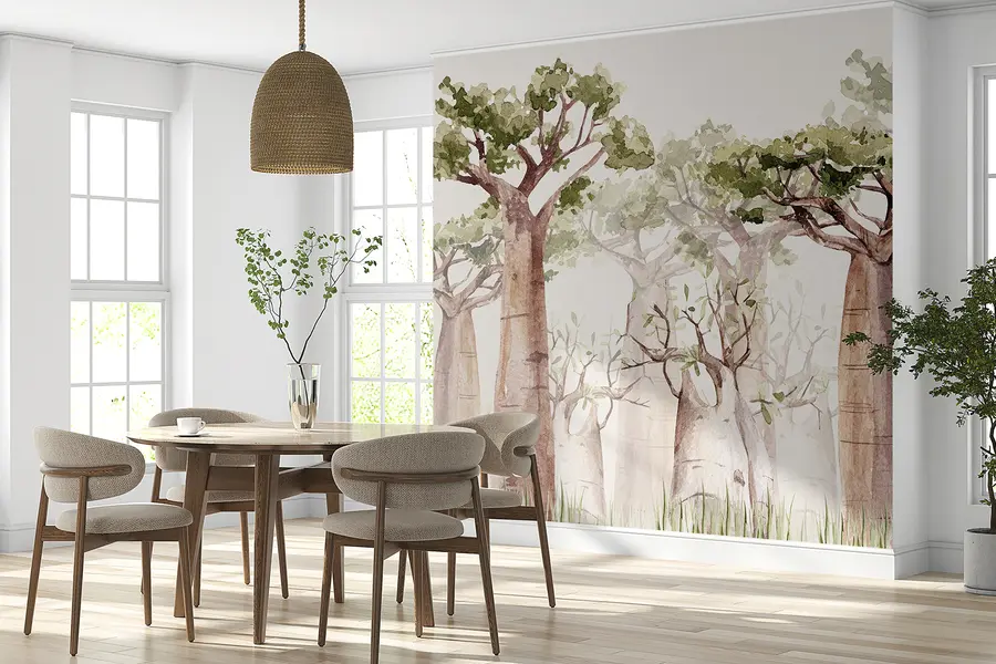 Fotobehang Baobab boom, safarithema, bos, beige en groene kleuren w00082