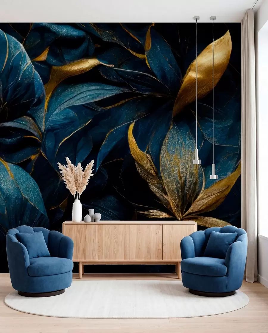 Fotobehang Blauwe blaadjes met goud I u74140d1