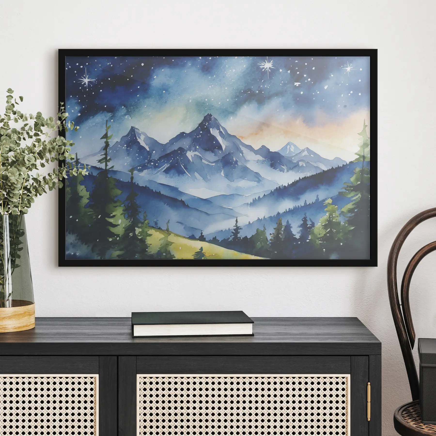 Fotobehang Aquarel bergen landschap, bos, sterrenhemel, zonsondergang kleuren f37946