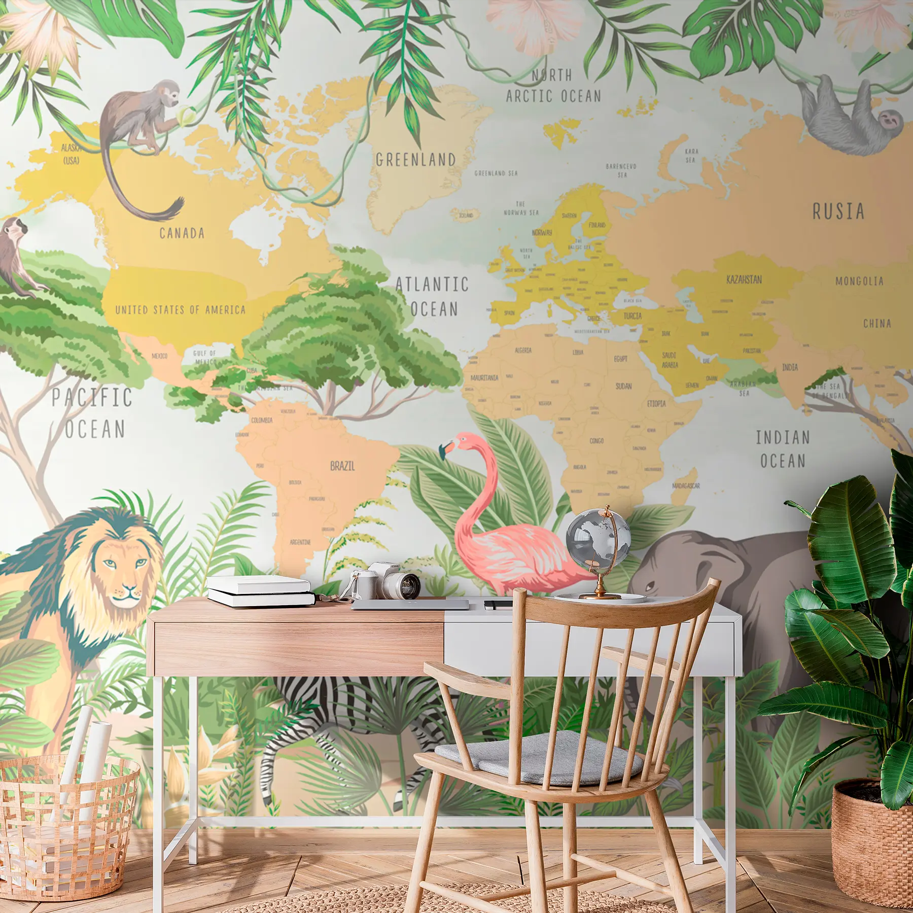 Fotobehang Kinderwereldkaart in tropische stijl Jungle en dieren w00373