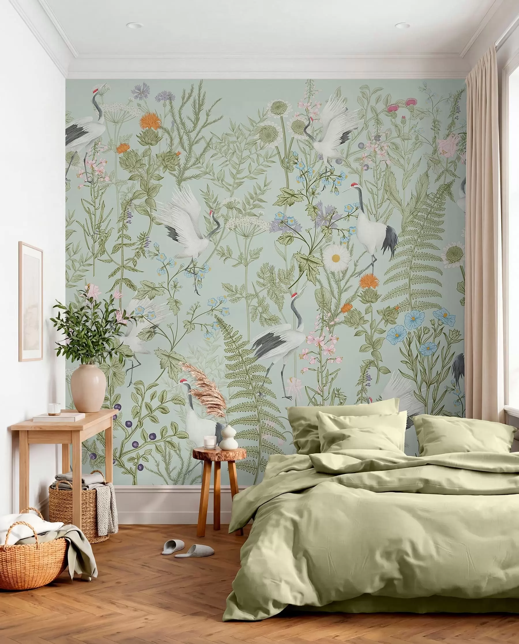 Fotobehang Bloemen ornament met vogels, rustieke stijl, botanisch, weide, blauwe achtergrond w00380v4