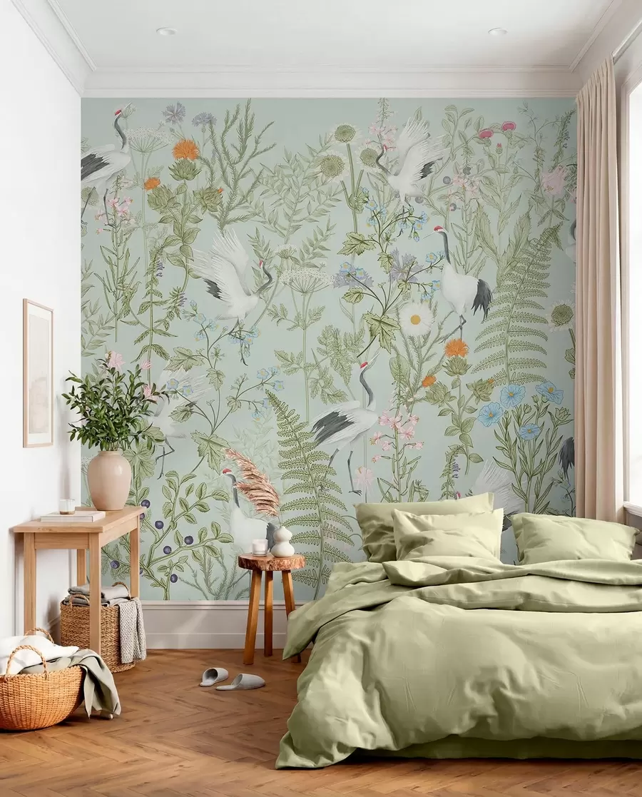 Fotobehang Bloemen ornament met vogels, rustieke stijl, botanisch, weide, blauwe achtergrond w00380v4