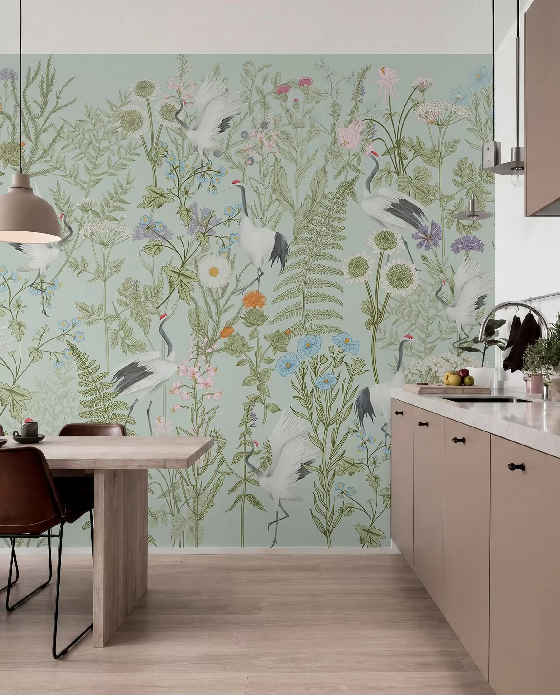 Fotobehang Bloemen ornament met vogels, rustieke stijl, botanisch, weide, blauwe achtergrond w00380v4