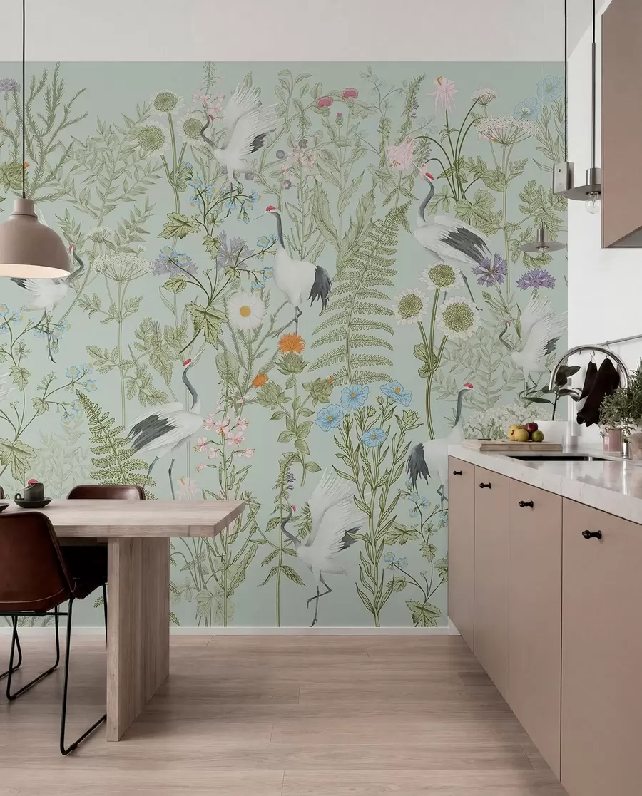 Fotobehang Bloemen ornament met vogels, rustieke stijl, botanisch, weide, blauwe achtergrond w00380v4
