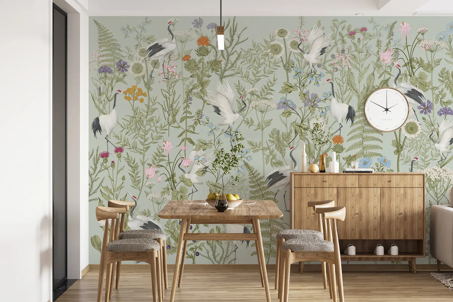 Fotobehang Bloemen ornament met vogels, rustieke stijl, botanisch, weide, blauwe achtergrond w00380v4