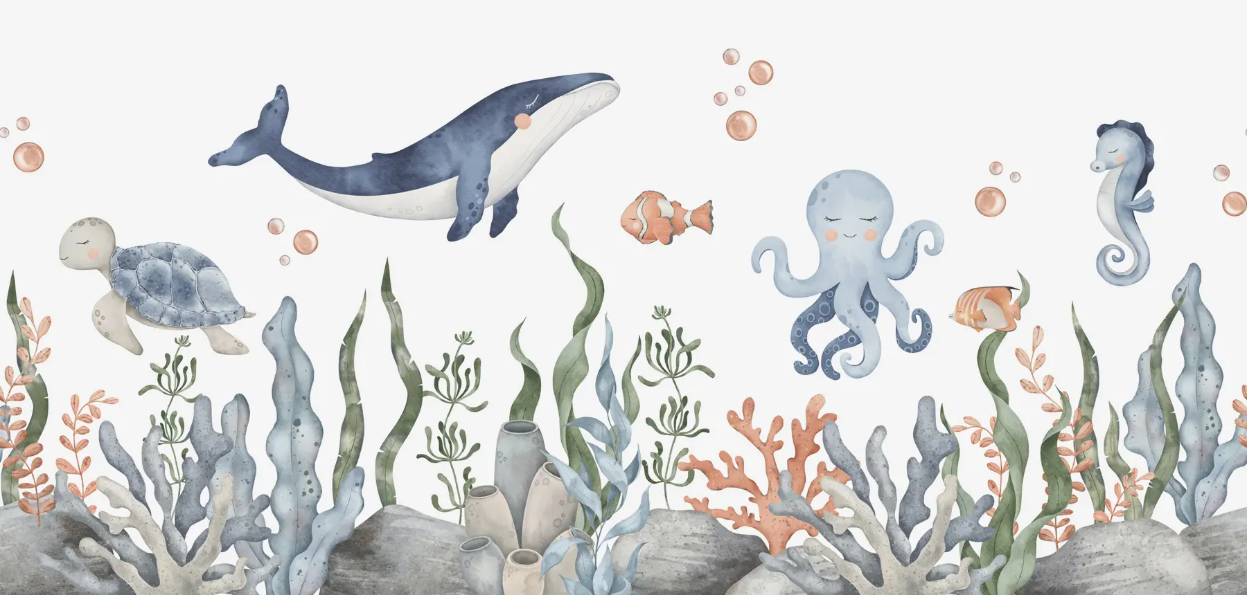 Fotobehang Onderwaterwereld met walvis, octopus, schildpad w00383