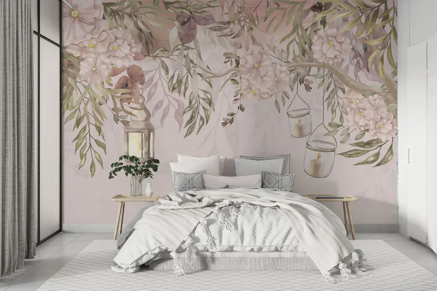 Fotobehang Fijne bloemen en groene takken die naar beneden hangen w00384