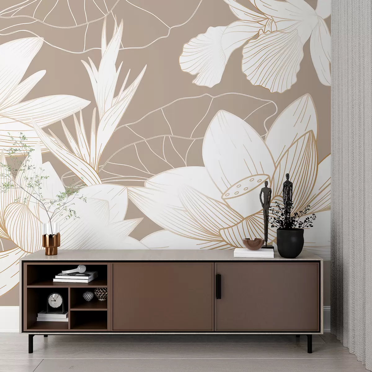 Fotobehang Tropische bloemen beige achtergrond w00323v3