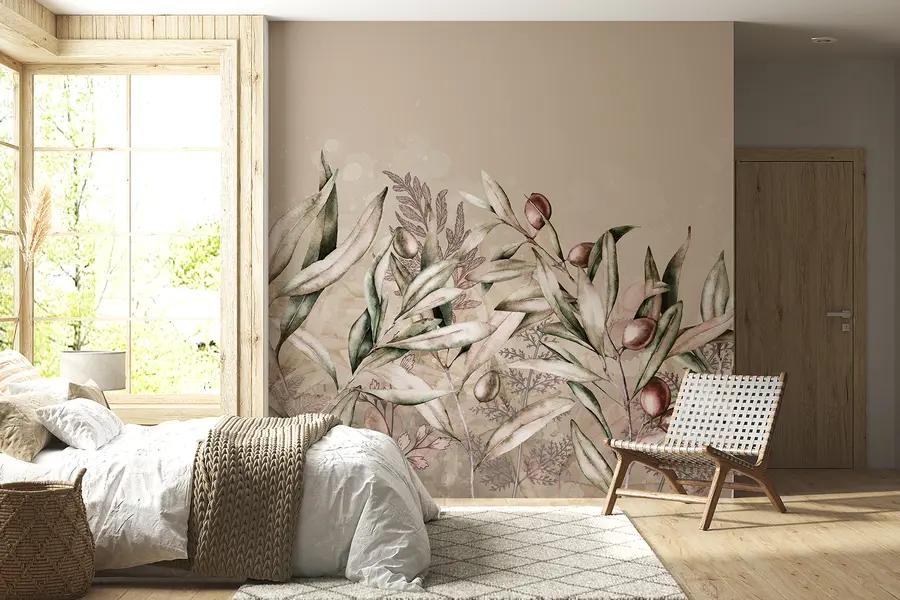 Fotobehang Olijvenillustratie, bloemdessin, tropisch, aquarel, grote bladeren, beige kleuren w00407v1