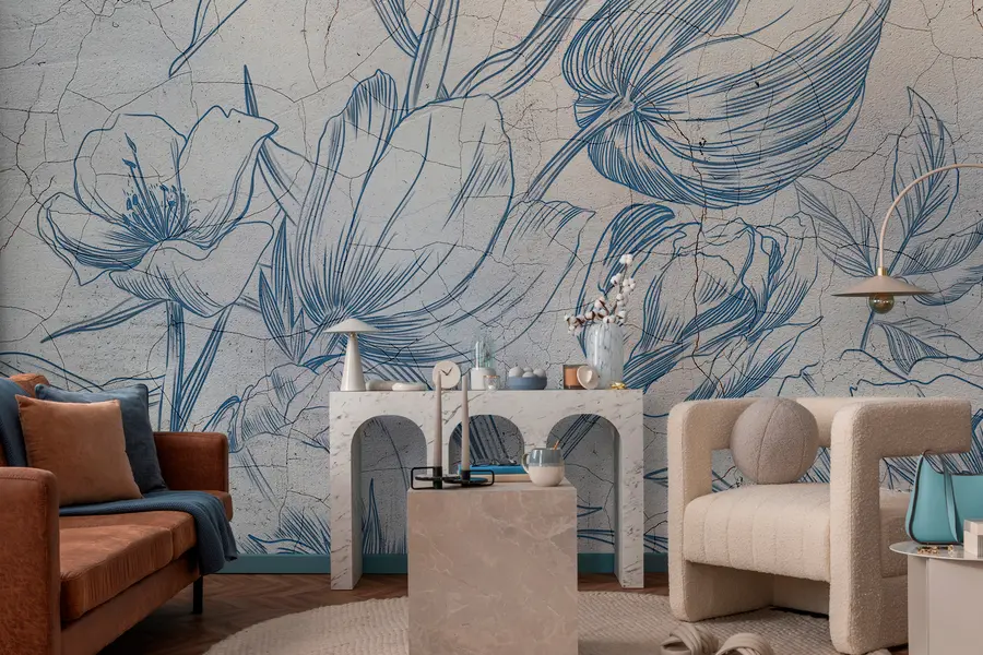 Fotobehang Grafische bloemen tekenen op de muurzolder w00391