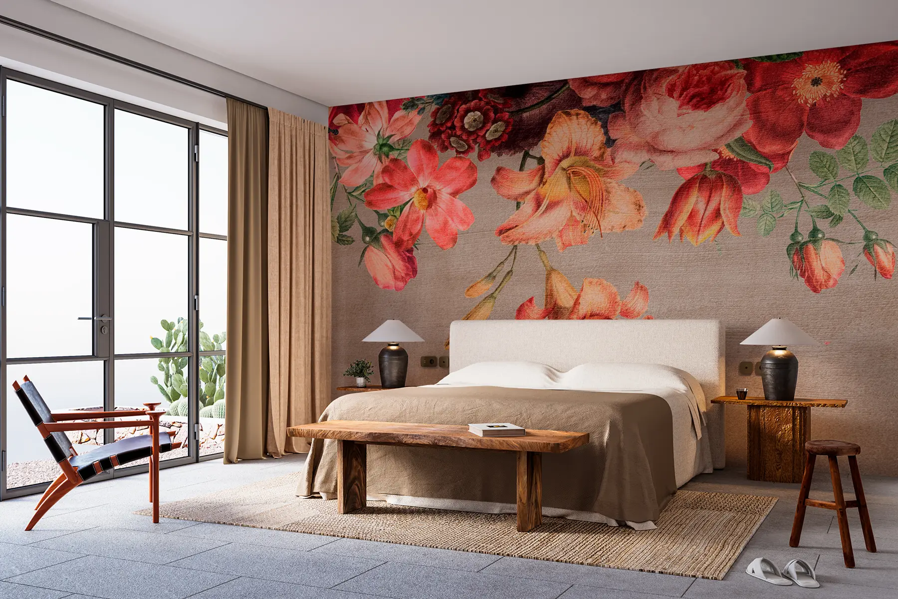 Fotobehang Botanische illustratie boeket bloemen stilleven op bruine achtergrond  w00427