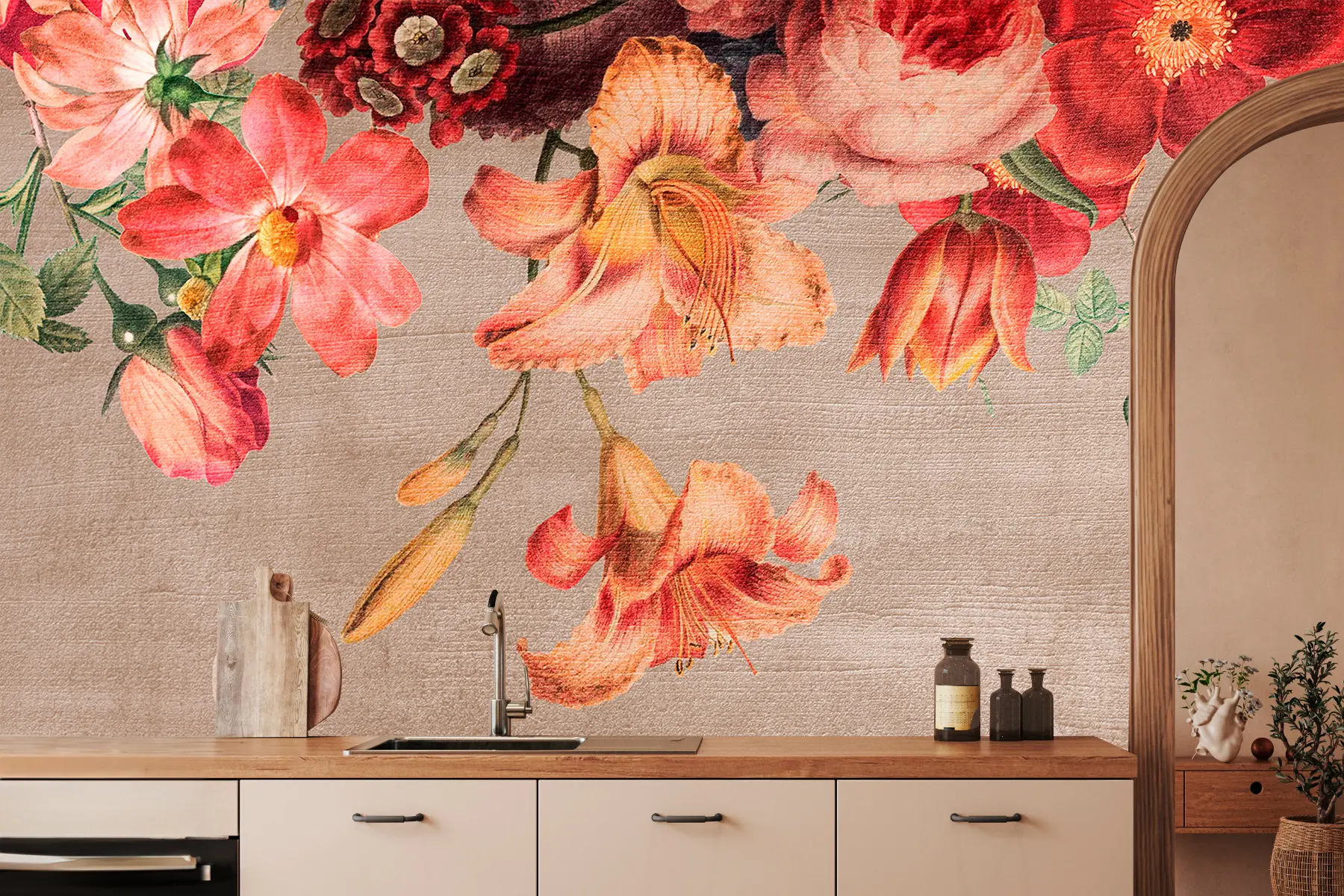 Fotobehang Botanische illustratie boeket bloemen stilleven op bruine achtergrond  w00427