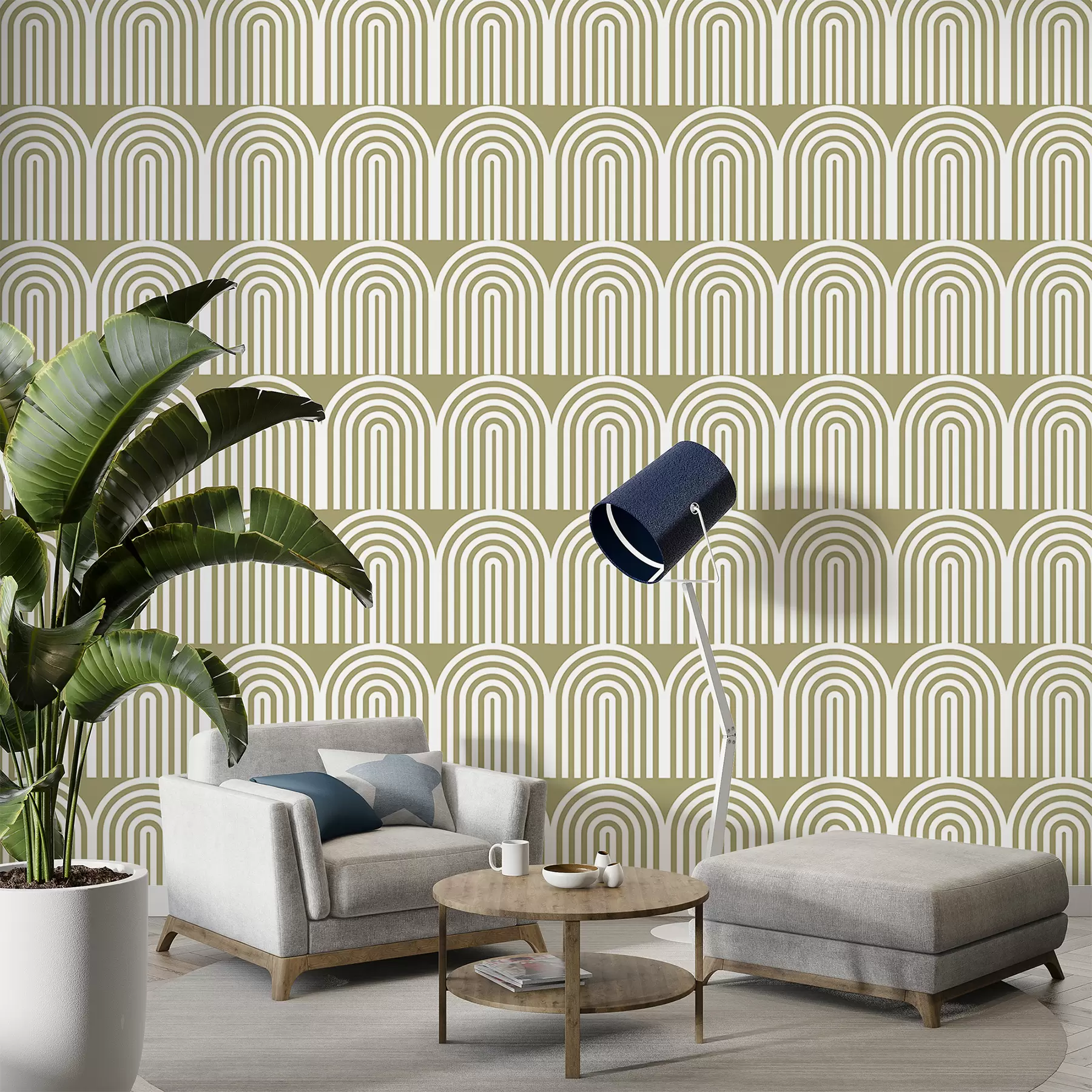 Fotobehang Witte ovale lijnen op lichtgroene achtergrond w00484v2