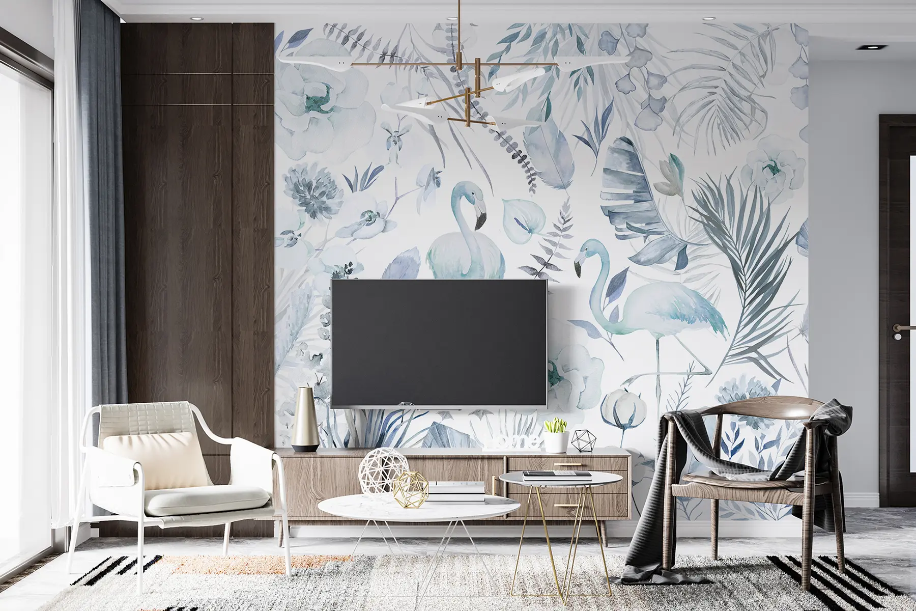 Fotobehang Boho-stijl aquarelkunst, flamingo's, tropische bladeren, katoen, orchidee, pioenroos, blauwe kleur w00507v1