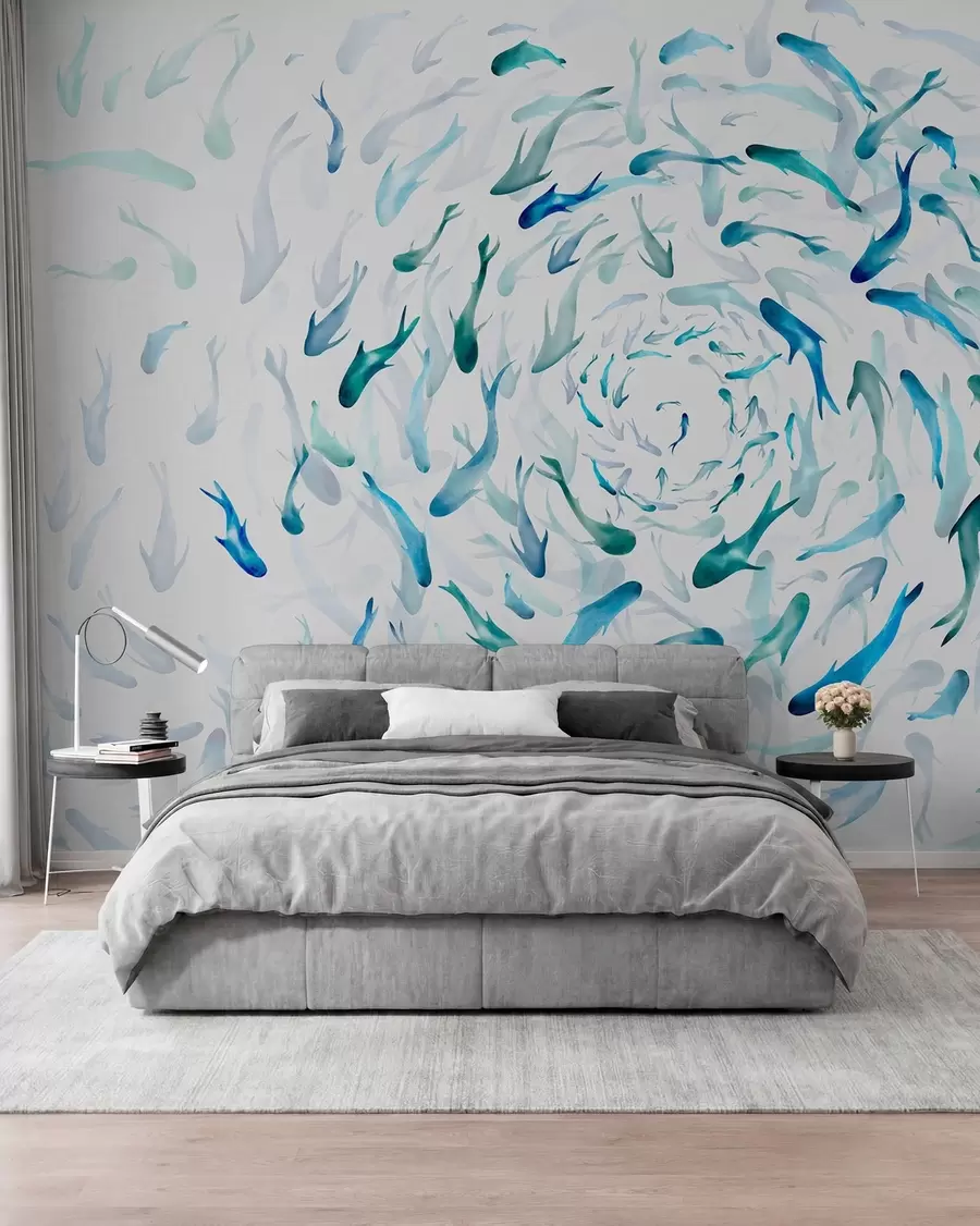 Fotobehang Vissen wervelen in een draaikolk, vissendans, aquarel, haai, abstracte compositie, minimalisme, blauwe, groene kleur w00510
