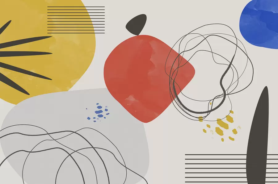 Fotobehang Modern abstractie, lichtpuntje, boho, geometrie, topografie, curven, lijnen, rood, geel, blauw, zwart w00514