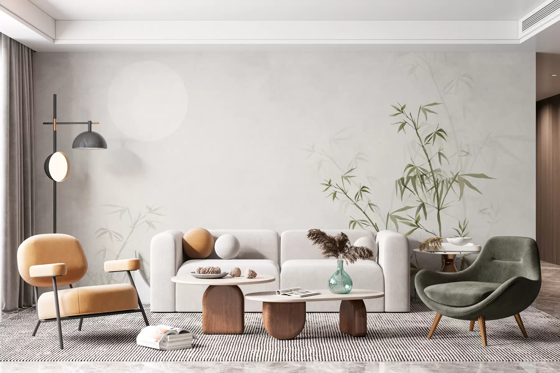 Fotobehang Minimalistische stijl Japandi plant bamboe en zon Chinoiserie groene kleur w00547