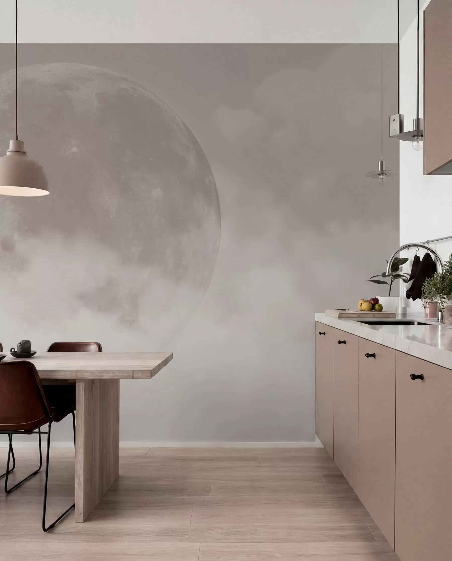 Fotobehang Grote maan tussen de wolken van beige kleur loftstijl w00548