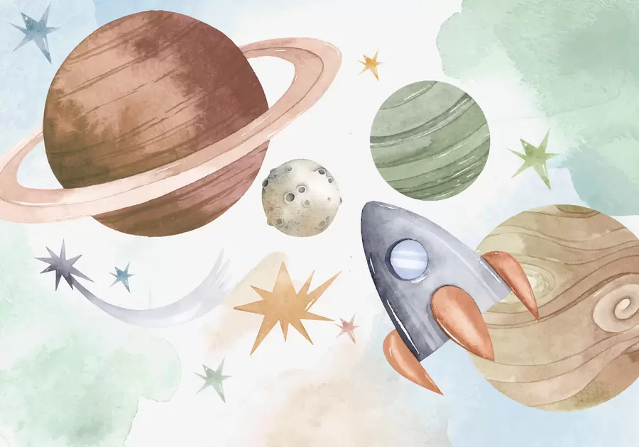 Fotobehang Een kleurrijke illustratie van verschillende planeten en ruimtewaterverf w00539