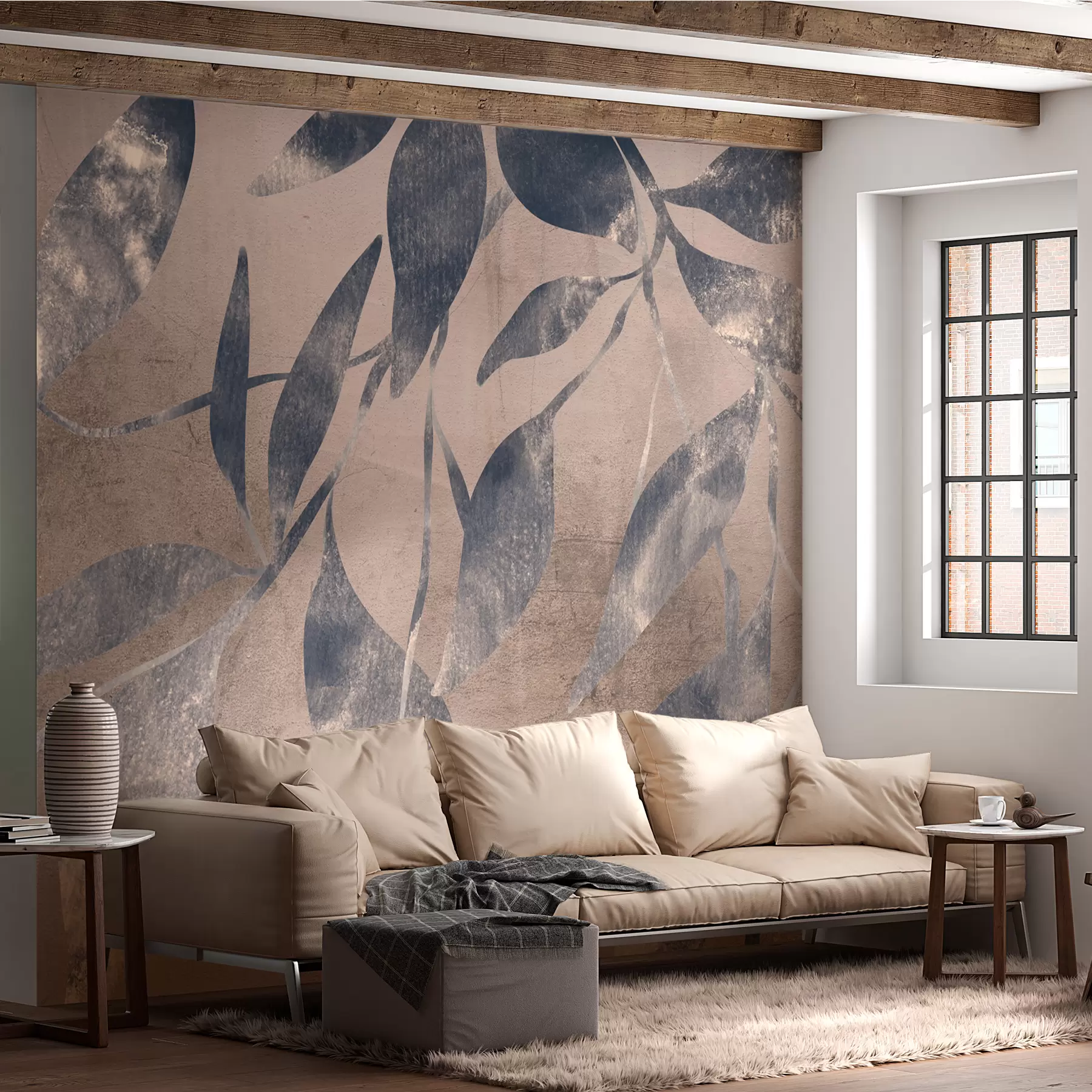 Fotobehang Overlappende bladeren tegen een lichte achtergrond, waardoor een abstract structuurpatroon ontstaat w00542