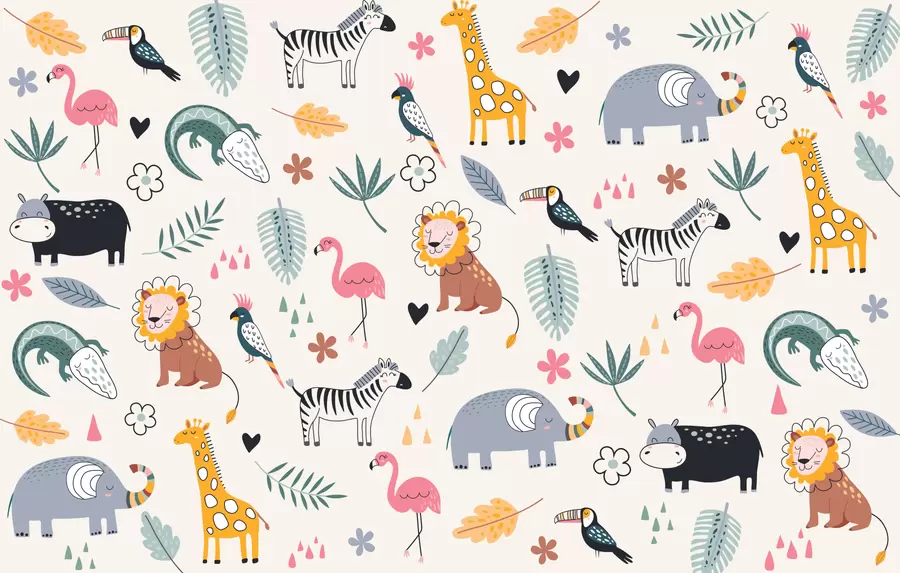 Fotobehang dieren, leeuwen, giraffen, olifanten, bladeren, babykamer w00555