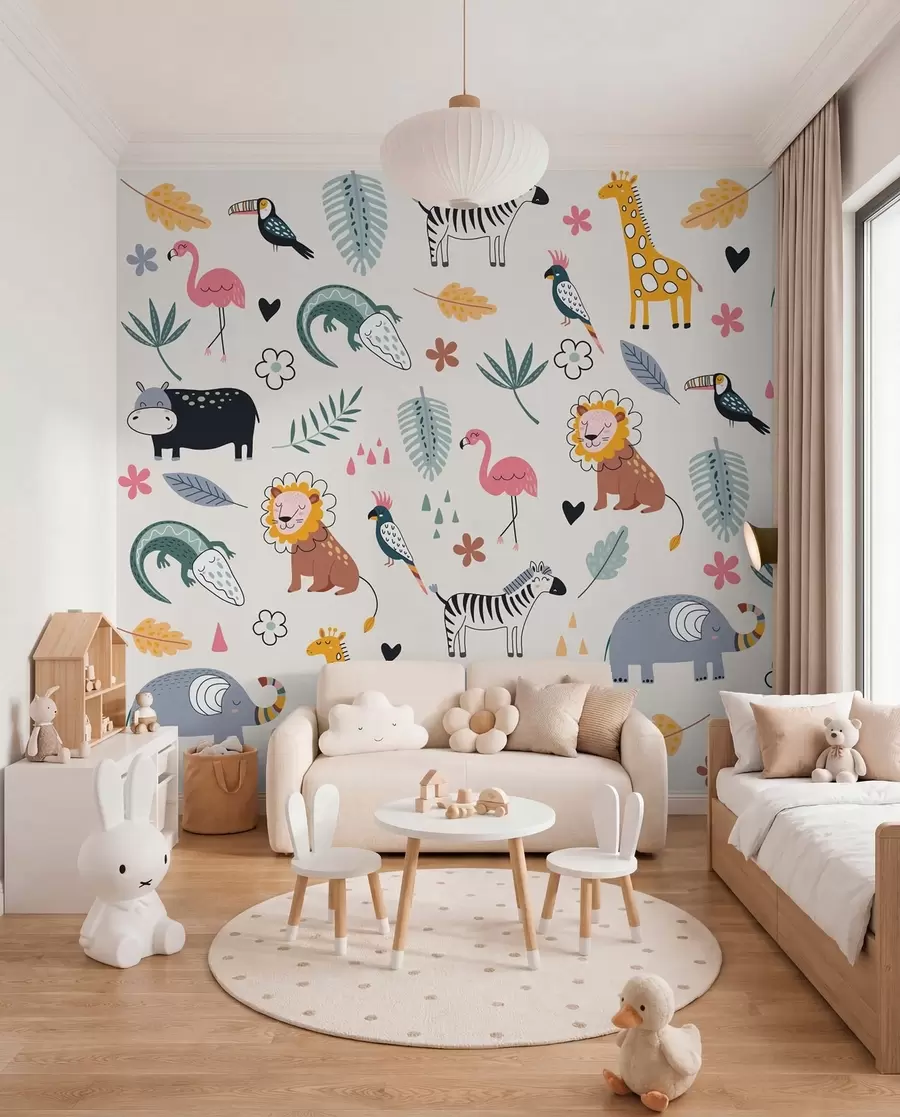 Fotobehang dieren, leeuwen, giraffen, olifanten, bladeren, babykamer w00555