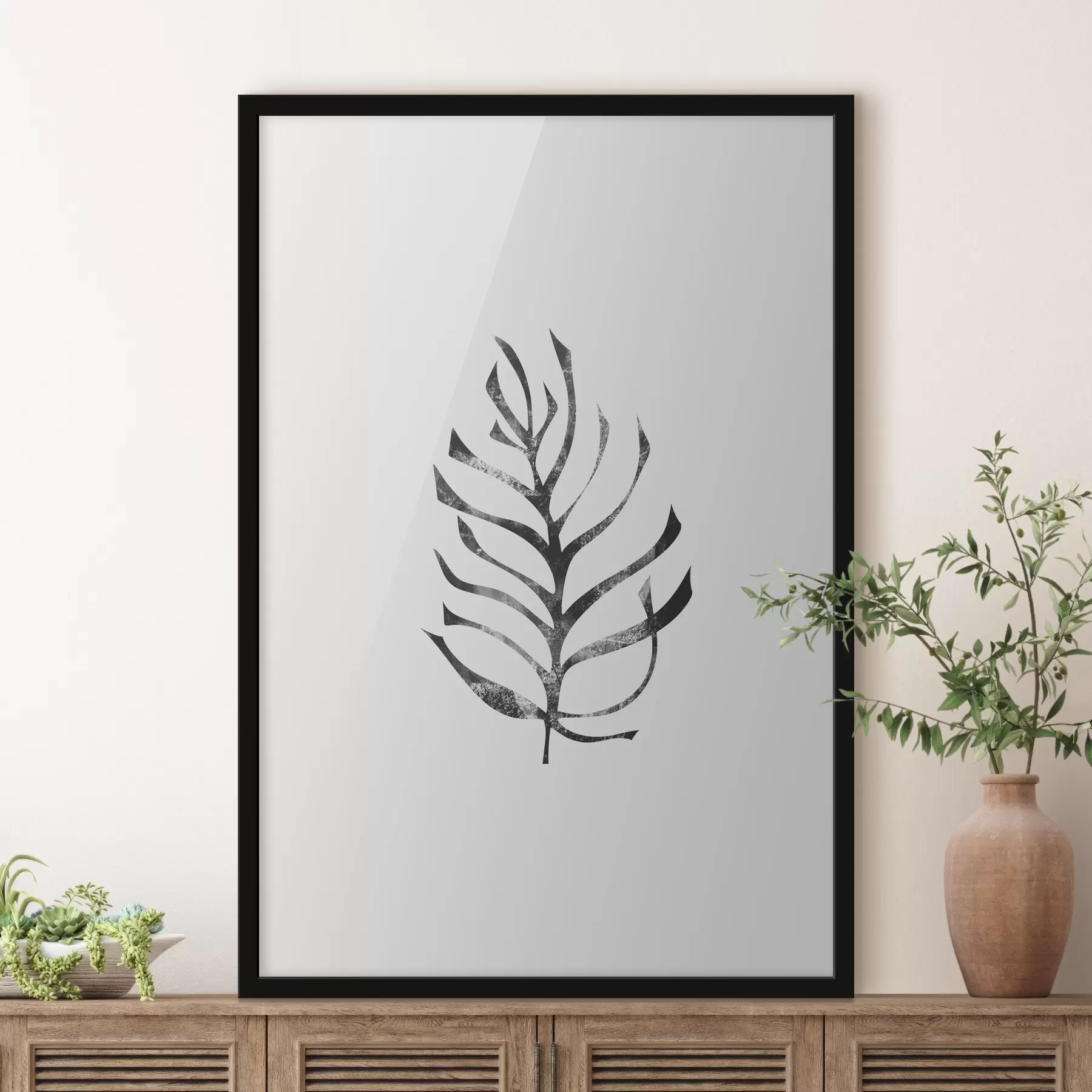 Fotobehang Minimalistisch zwart tropisch blad met sneden en textuur, zwarte, grijze kleur f38341