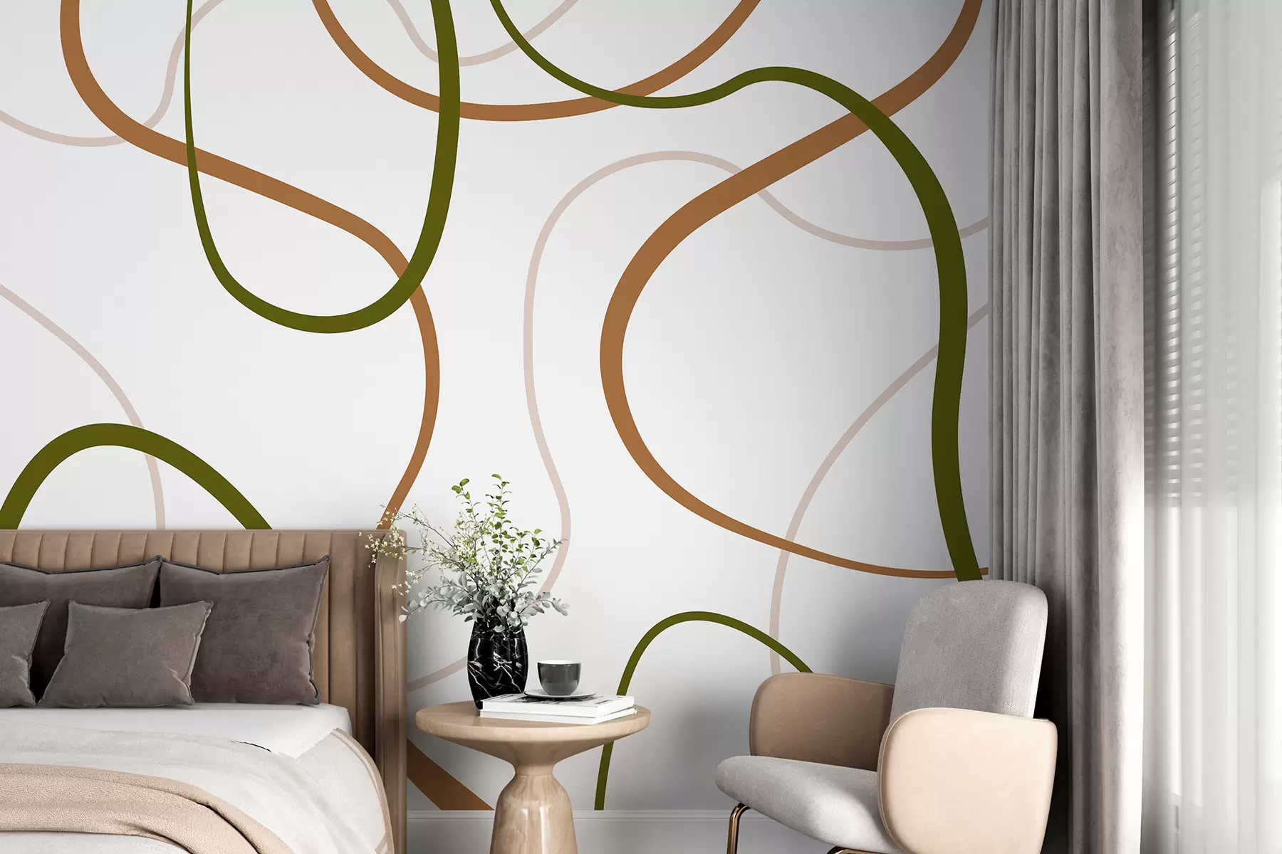 Fotobehang Abstracte lijnen, minimalistisch, geometrisch patroon, groen en beige w00594