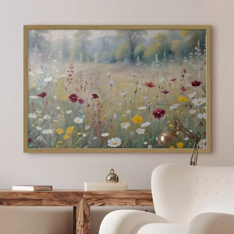 Fotobehang Een kleurrijke weide met wilde bloemen met een wazig bos op de achtergrond f38368