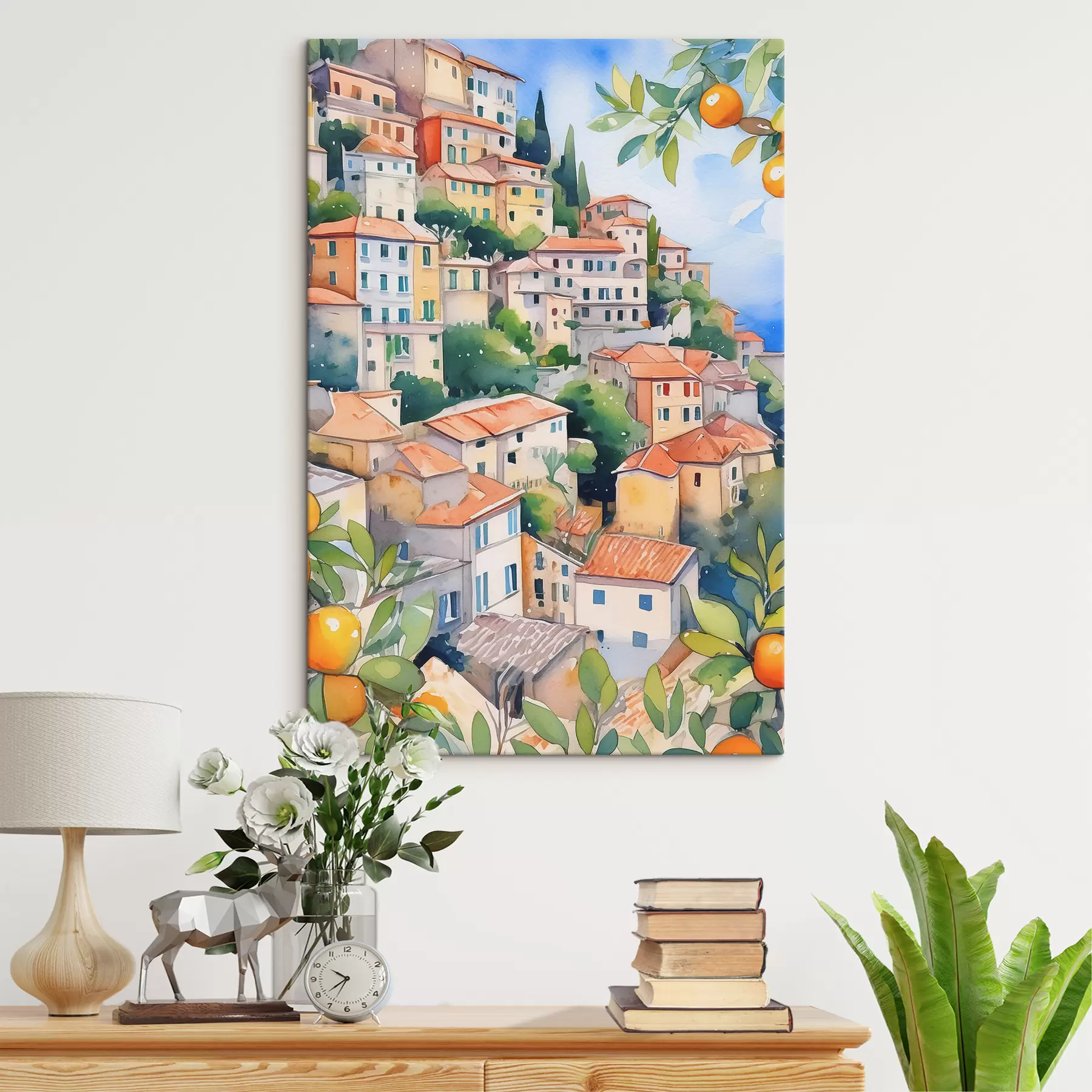 Fotobehang Mediterrane architectuur, aquarel, zomer, sinaasappels, oude stad s38396