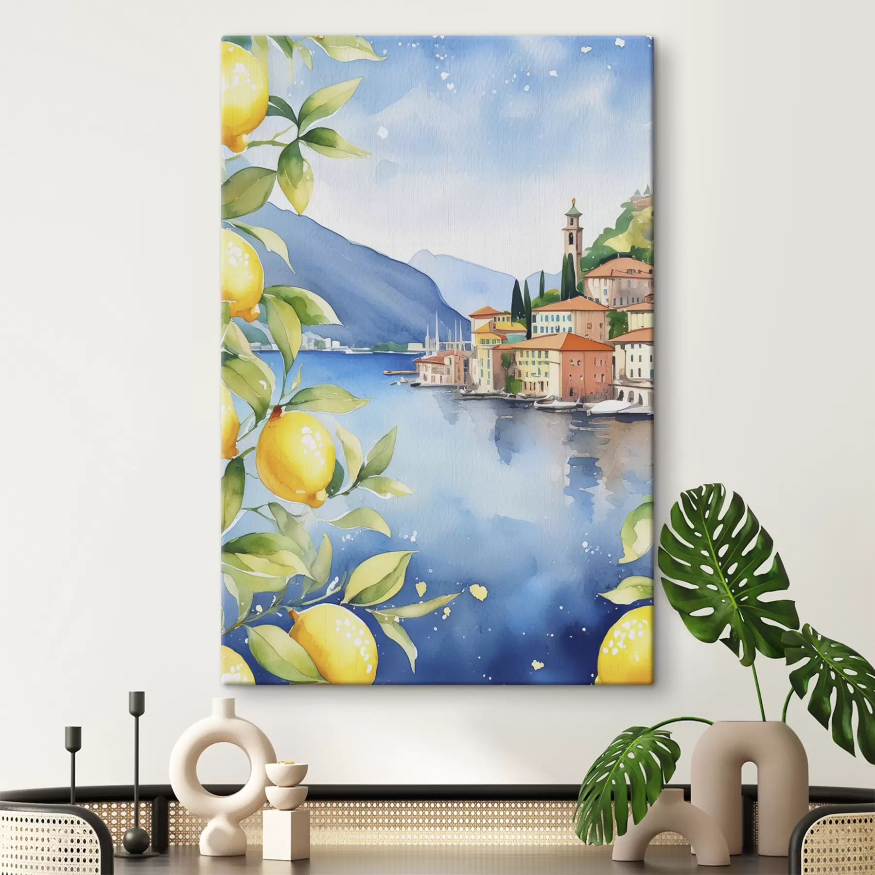 Fotobehang Italiaans meer, zomer, aquarel, natuurlandschap, citroenen, stadsarchitectuur s38397