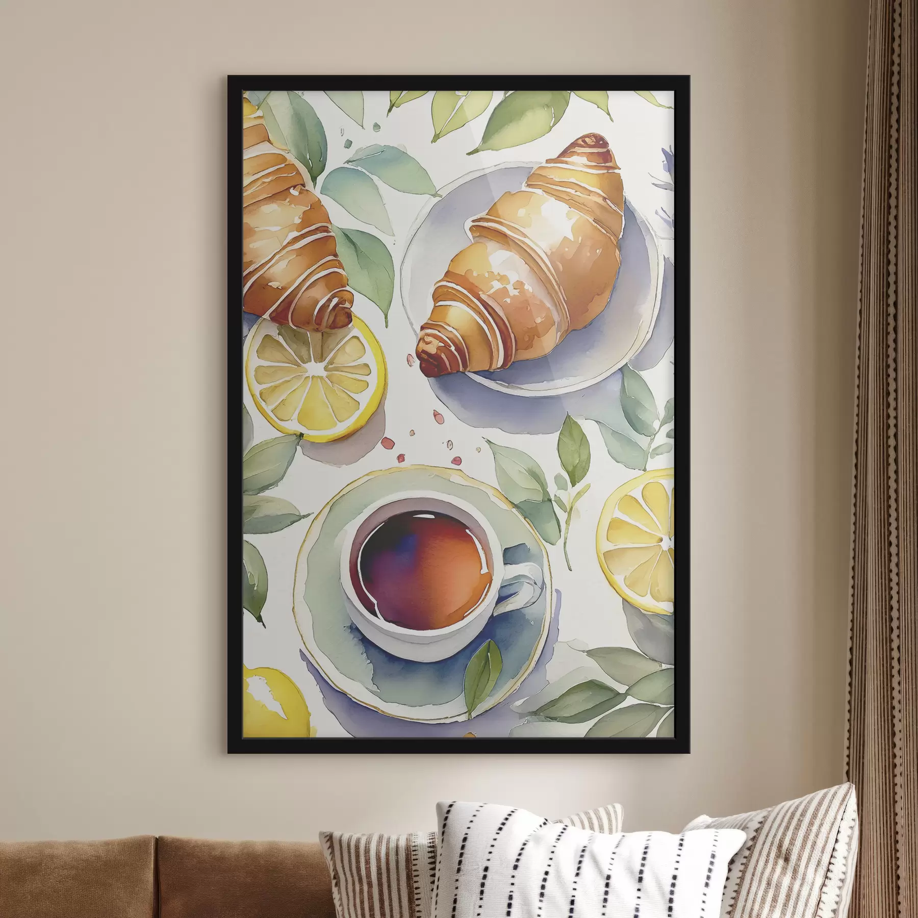 Fotobehang Croissant aquarel, kopje thee, ontbijt, citroenen, rustieke stijl f38389
