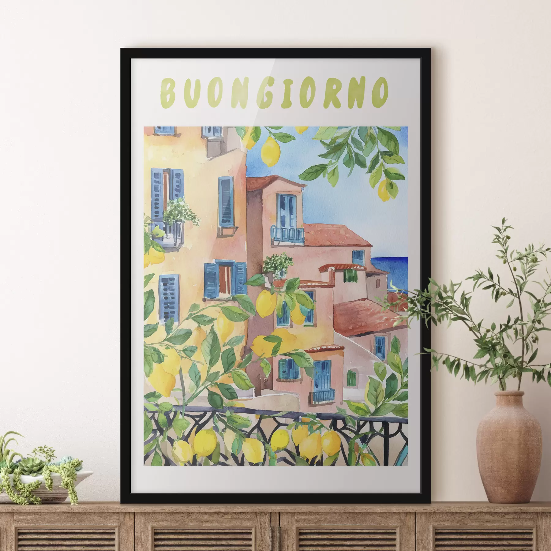 Fotobehang Italiaanse stadsarchitectuur, zeekust, zomer, aquarel, citroenboom f38395
