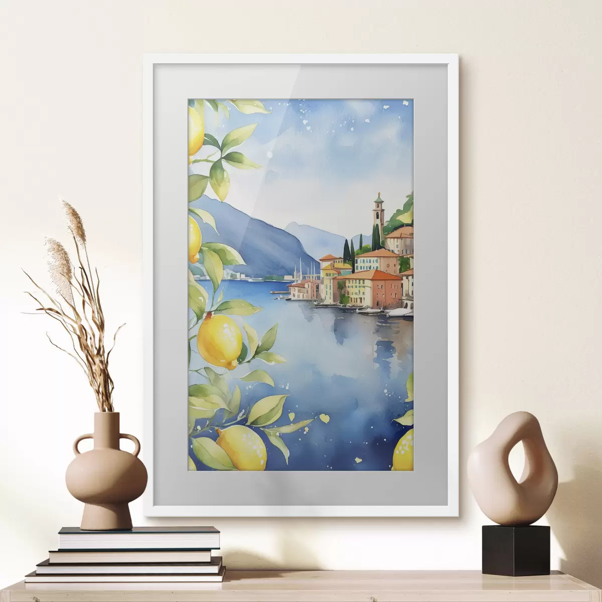 Poster Italiaans meer, zomer, aquarel, natuurlandschap, citroenen, stadsarchitectuur f38397