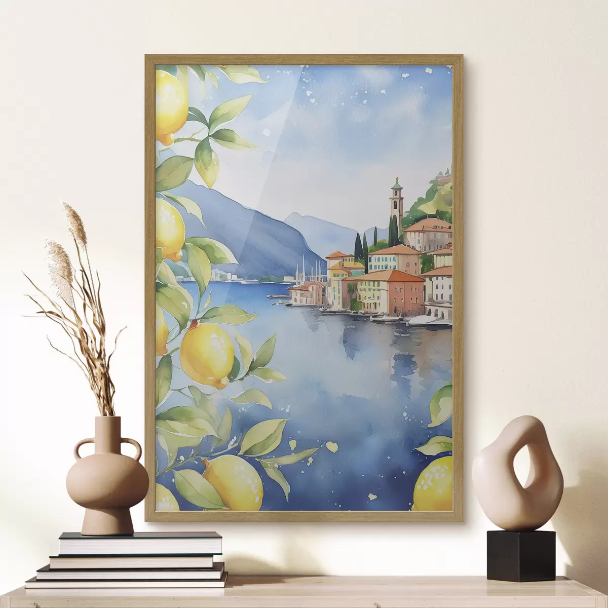 Poster Italiaans meer, zomer, aquarel, natuurlandschap, citroenen, stadsarchitectuur f38397