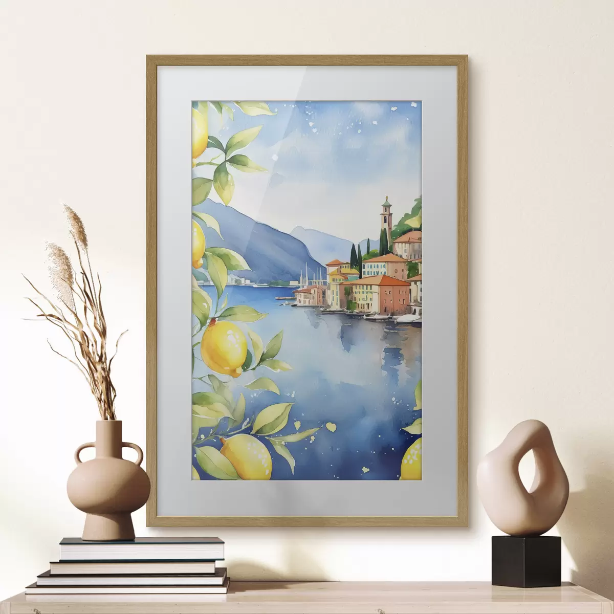Poster Italiaans meer, zomer, aquarel, natuurlandschap, citroenen, stadsarchitectuur f38397