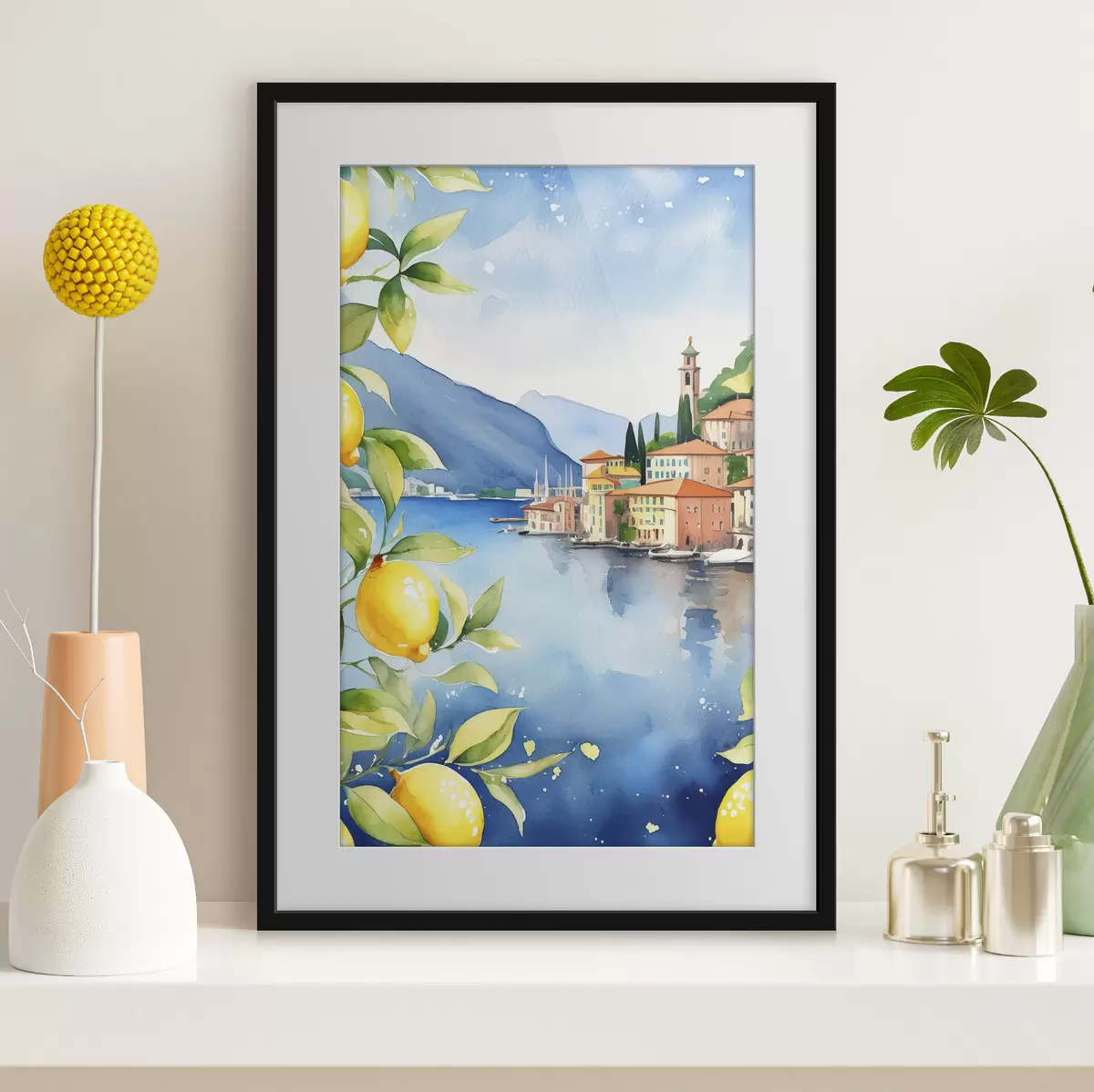 Poster Italiaans meer, zomer, aquarel, natuurlandschap, citroenen, stadsarchitectuur f38397
