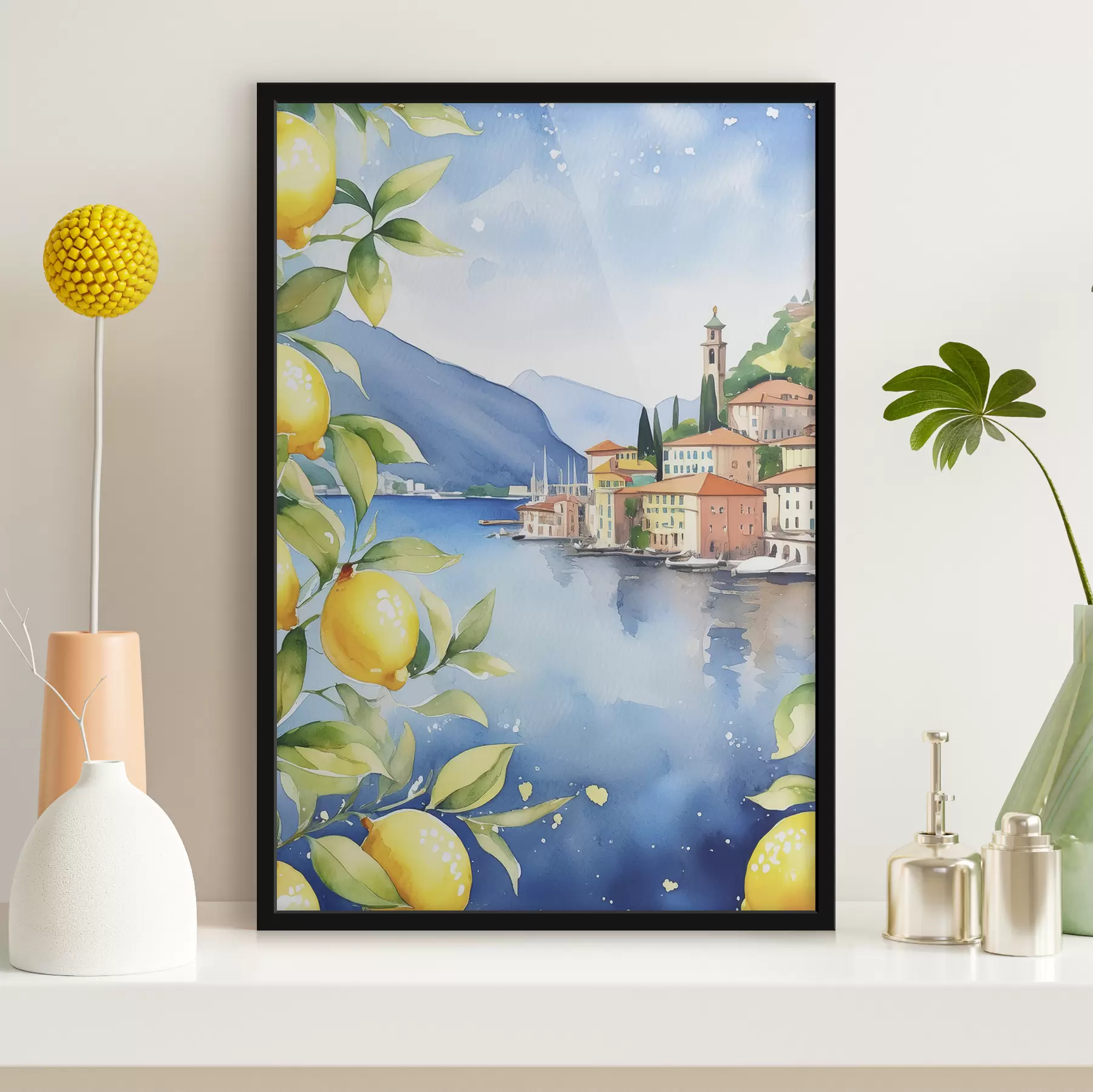 Fotobehang Italiaans meer, zomer, aquarel, natuurlandschap, citroenen, stadsarchitectuur f38397