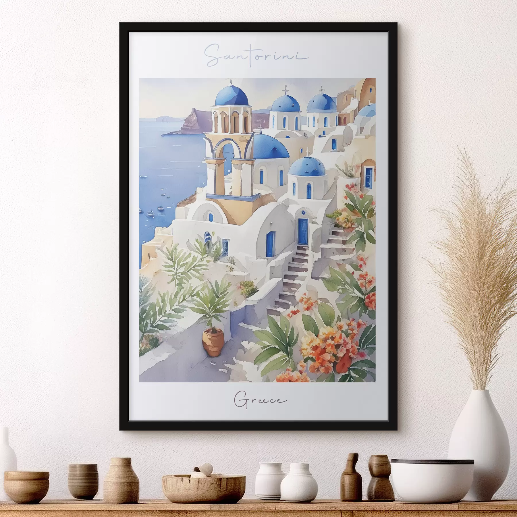  Schilderijen Santorini, Griekenland architectuur, aquarel, zomer, Middellandse Zeekust f38400