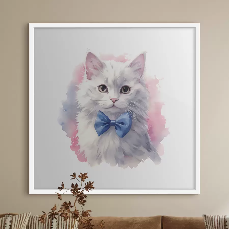 Fotobehang Witte pluizige kat met een blauwe strik op de nek, aquarel, dier, grijs, wit, roze, blauwe kleur f38479