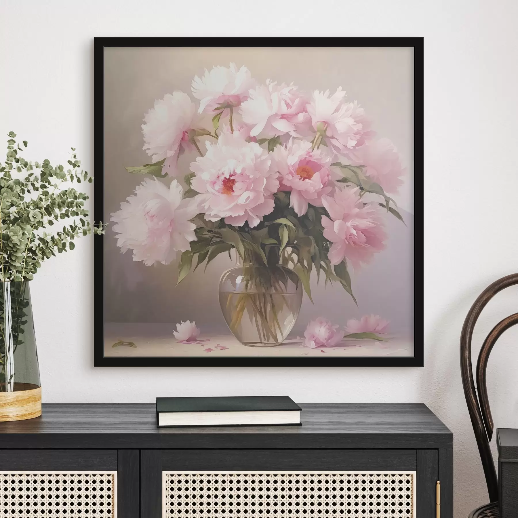 Fotobehang Roze pioenrozen in een glazen vaas op een zwarte achtergrond, imitatie van een olieverfschilderij, bloemen f38482