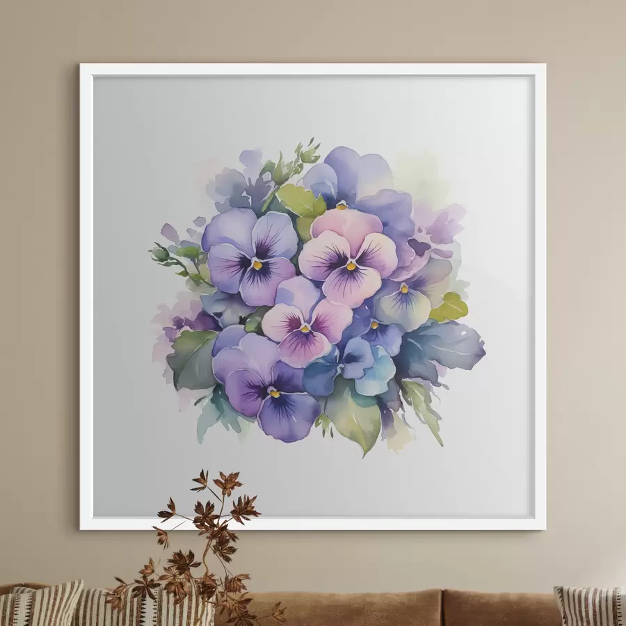 Fotobehang Viooltjes aquarel illustratie, boeket, bloemen, blauwe, paarse, groene kleur f38486