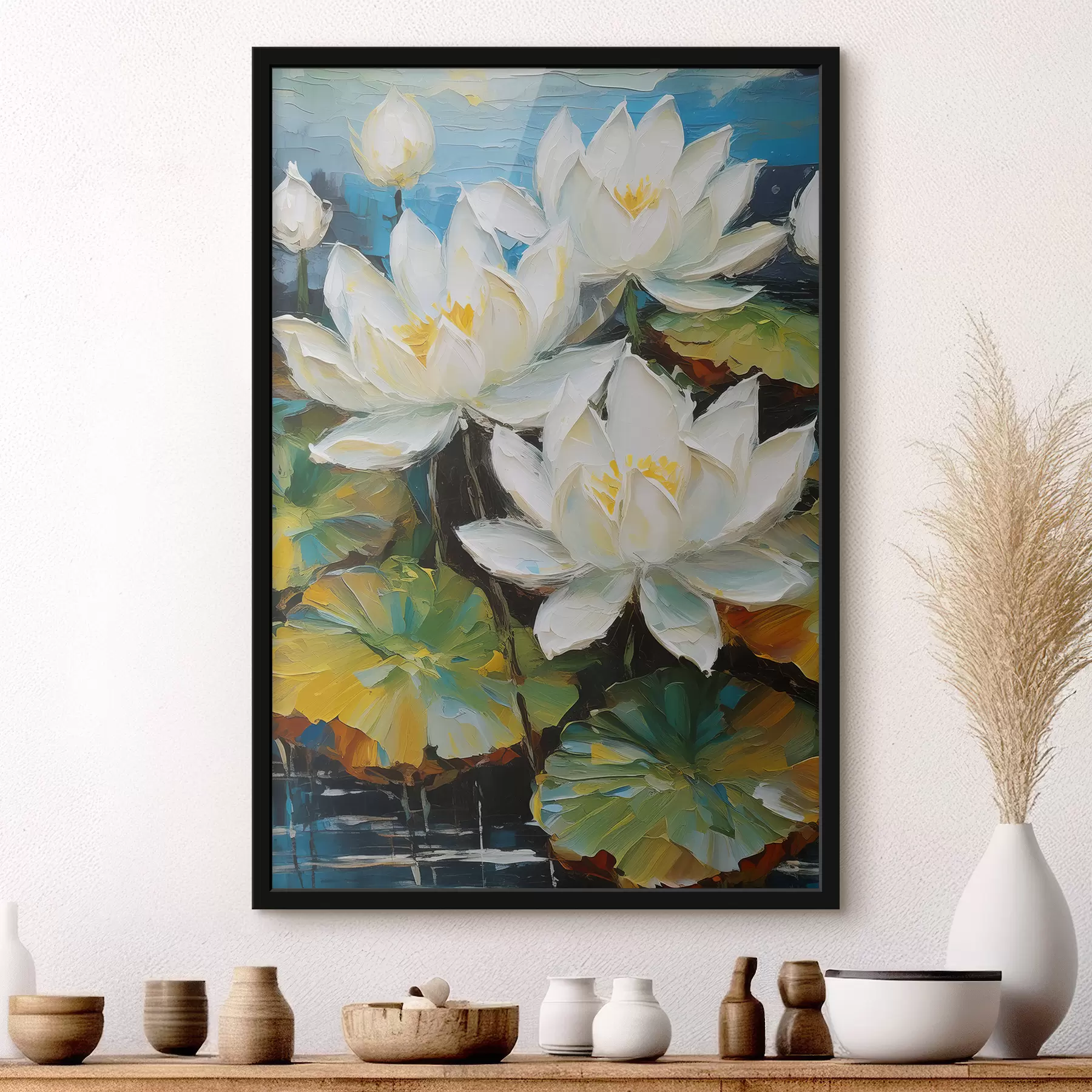 Fotobehang witte lotusbloemen op water, grote bloemen, olieverf f38604