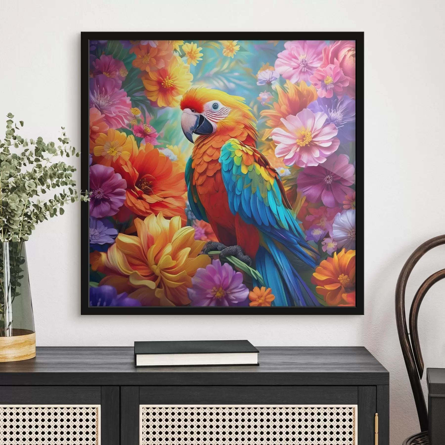 Fotobehang heldere papegaai en kleurrijke bloemen f38611