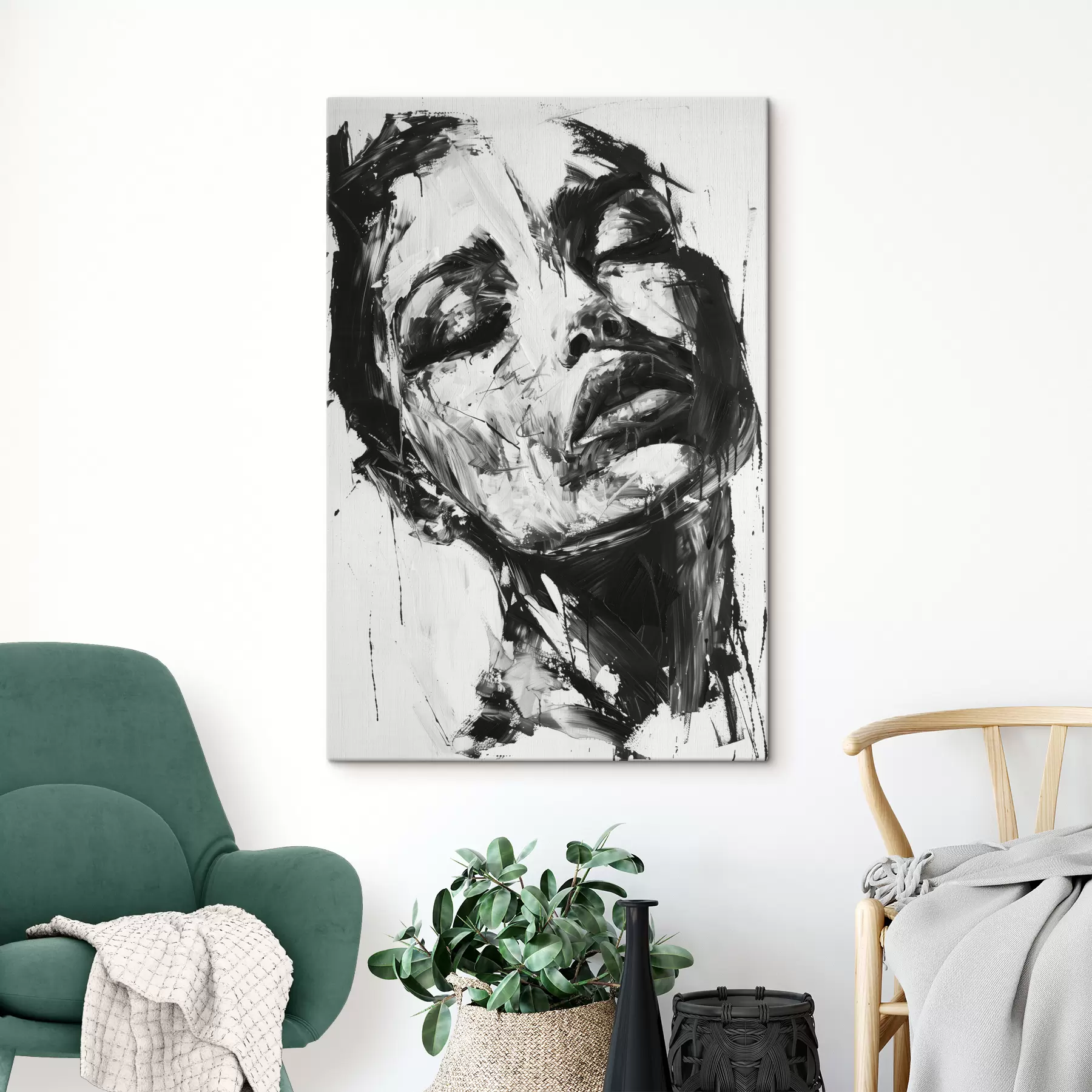 Fotobehang Portret van een vrouw met zwarte penseelstreken s38641