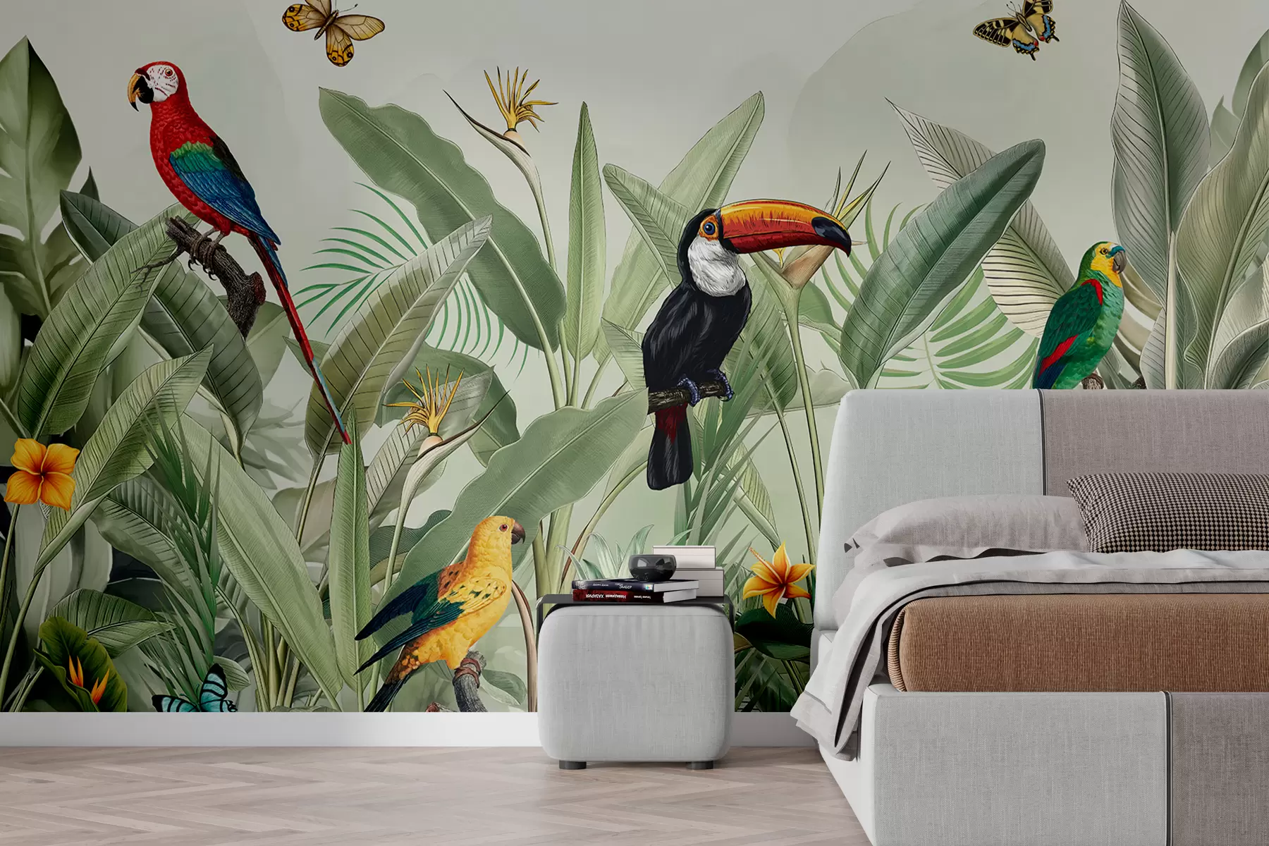 Fotobehang Exotische vogels op grijze stropiumbladeren w00635