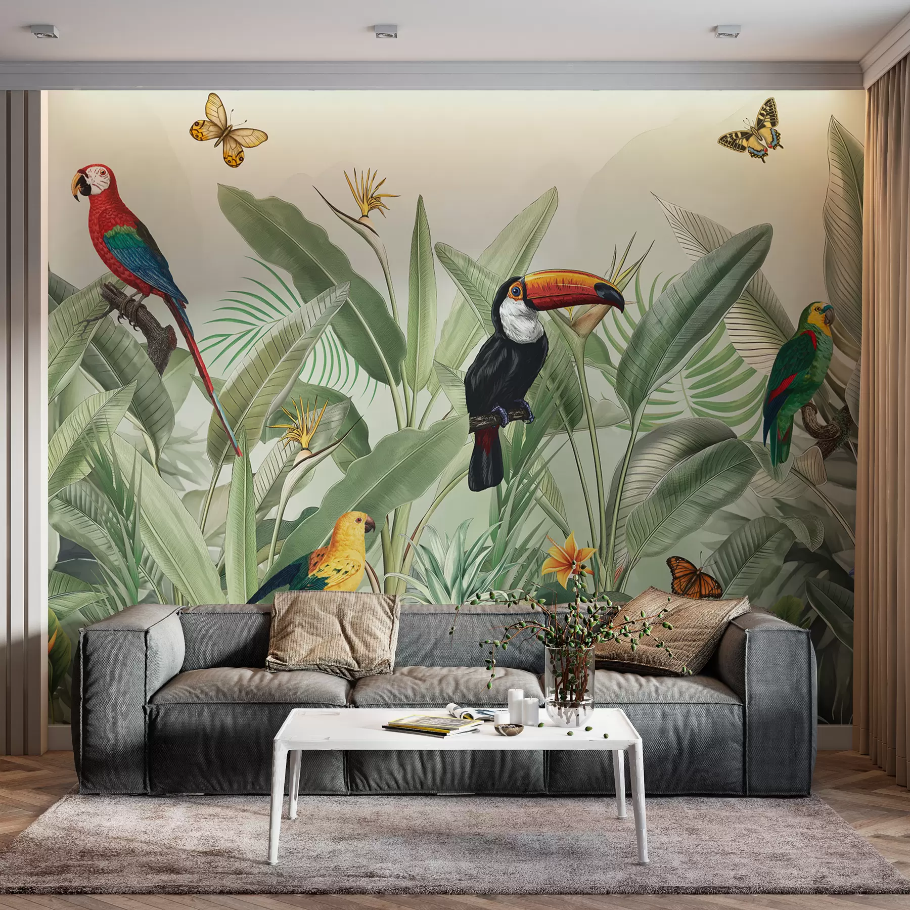 Fotobehang Exotische vogels op grijze stropiumbladeren w00635