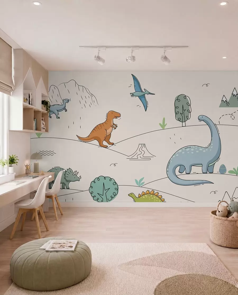Fotobehang Kleurrijke dinosaurussen op de heuvels w00637
